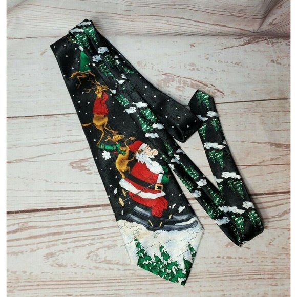 Yule Tie Greetings Hallmark 100% Silk Christmas Tree Santa Snow Reindeer Tie - Picture 9 of 11